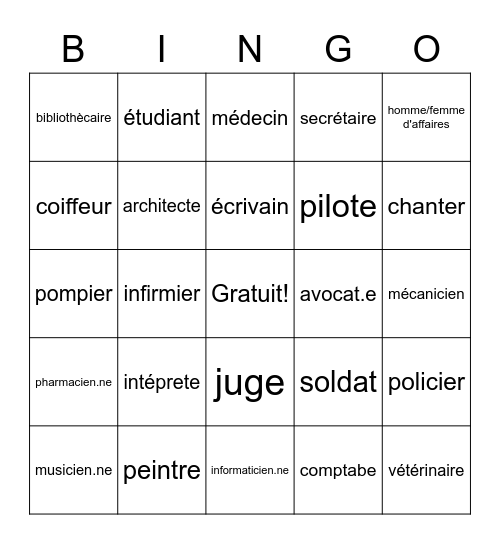 Les professions Bingo Card