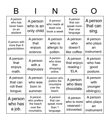 BINGO ... with a twist! Bingo Card