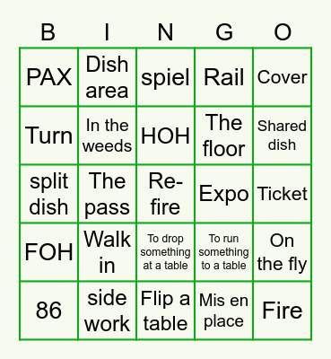 F&B Lingo Bingo Card
