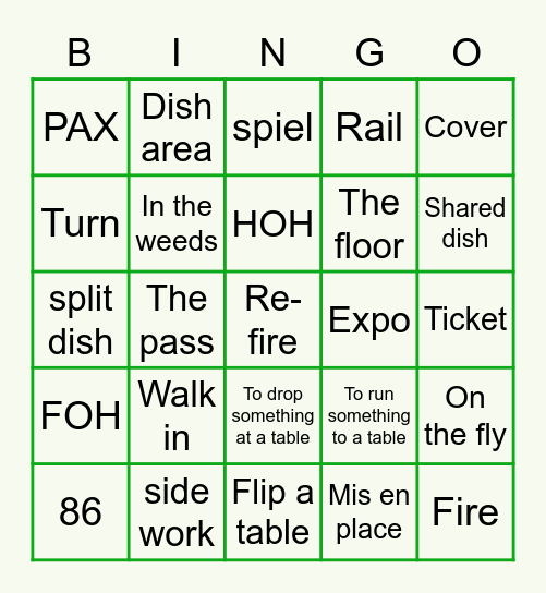 F&B Lingo Bingo Card