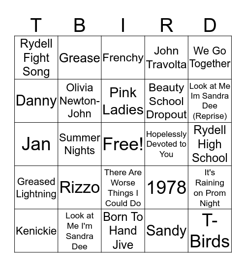 Grease Bingo Card
