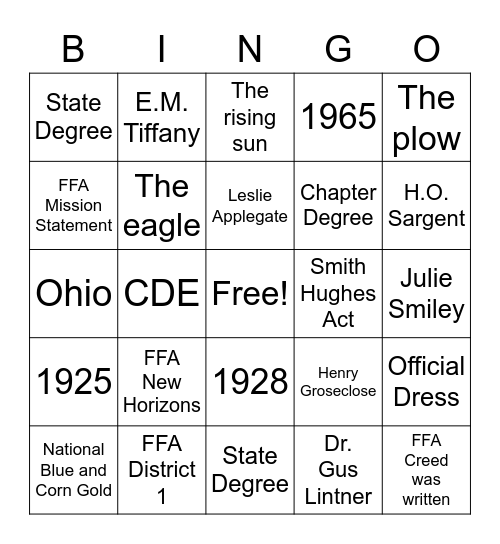 FFA Unit Bingo Card