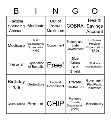 Health Insurance Bingo Card