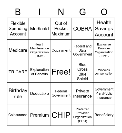 Health Insurance Bingo Card