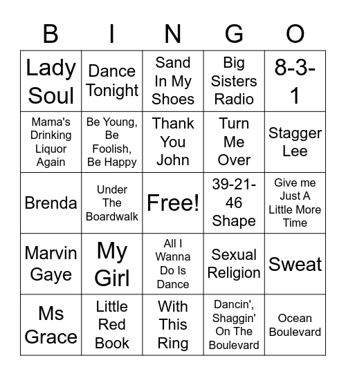 Beach Music Bingo Card