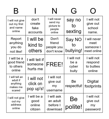 Internet Safety Bingo Card