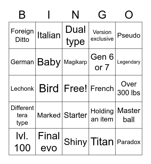 Surprise Trade BINGO Card