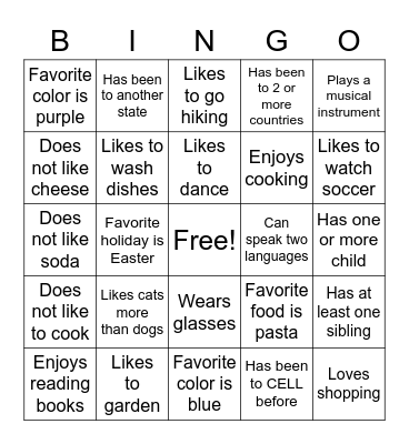 Getting to know you Bingo Card