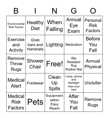 FALL PREVENTION Bingo Card