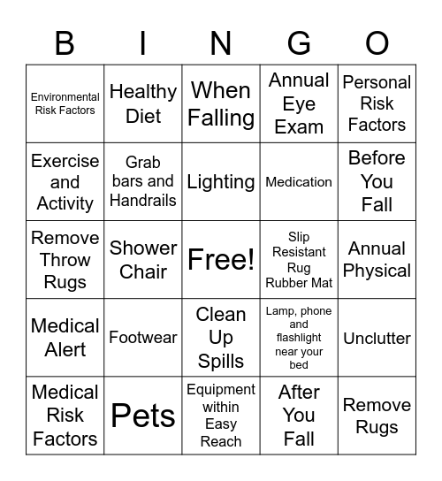 FALL PREVENTION Bingo Card