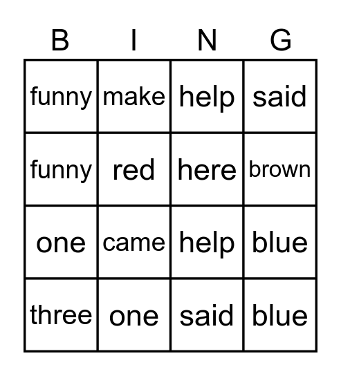 Pre-Primer/Primer Sight Words Bingo Card