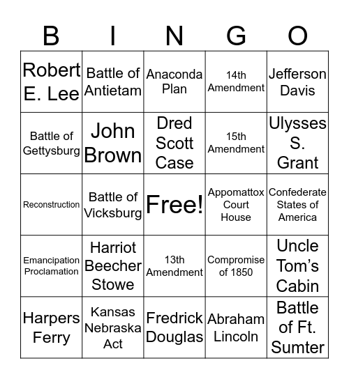 Civil War Era Bingo Card