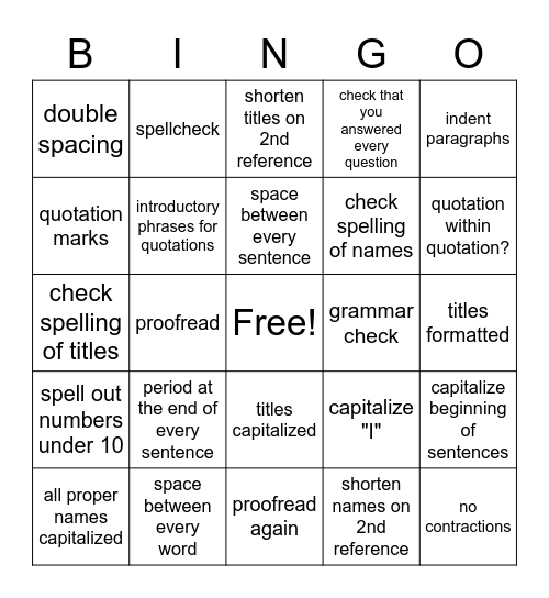 Senior Project Essay Bingo Card