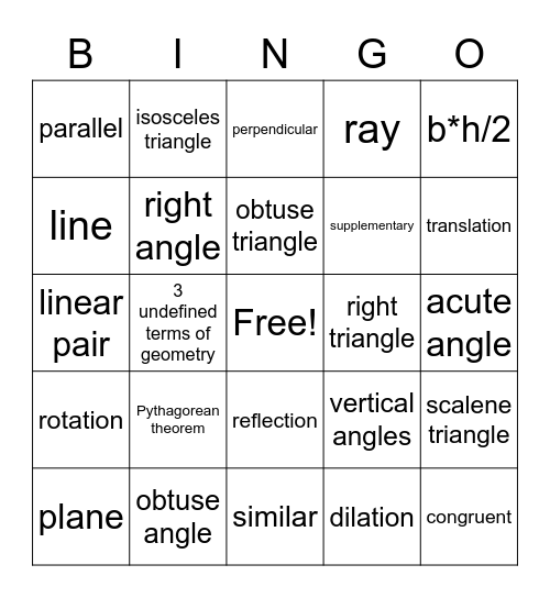 geometry vocabulary Bingo Card