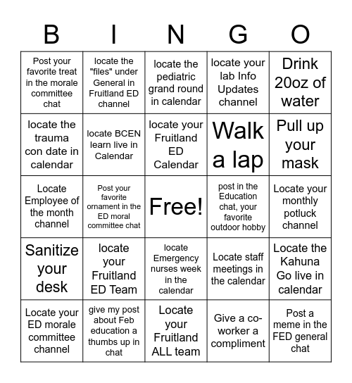 TEAMS Bingo Card