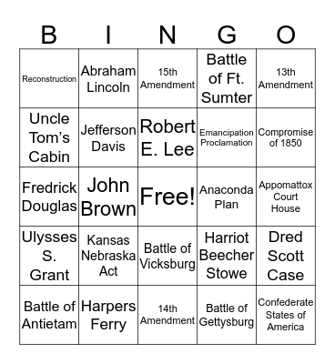 Civil War Era Bingo Card