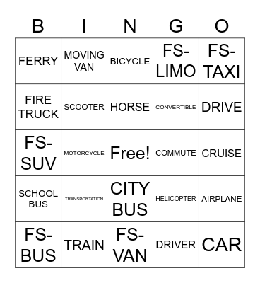 TRANSPORTATION Bingo Card