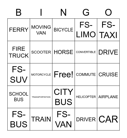 TRANSPORTATION Bingo Card