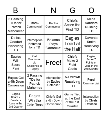 SUPER BOWL BINGO Card