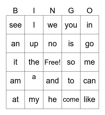 Sight Words Bingo Card