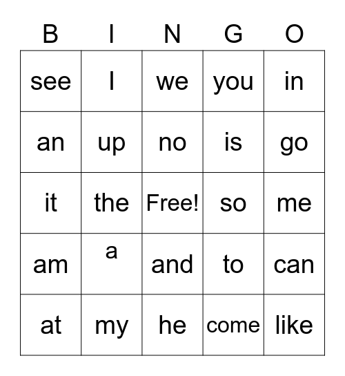 Sight Words Bingo Card