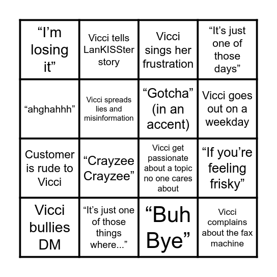 Vicci Vernacular Bingo Card