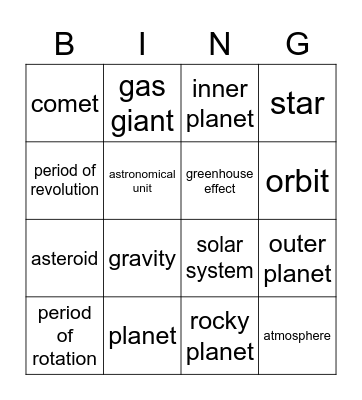 Solar System Vocabulary Bingo Card