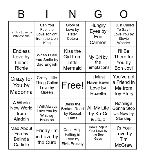 Love Song BINGO Card