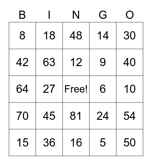 Multiplication Bingo Card