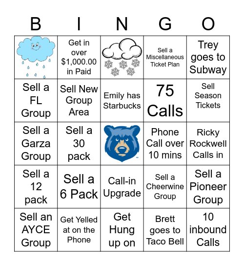 Tennessee Smokies Group Sales BINGO Card