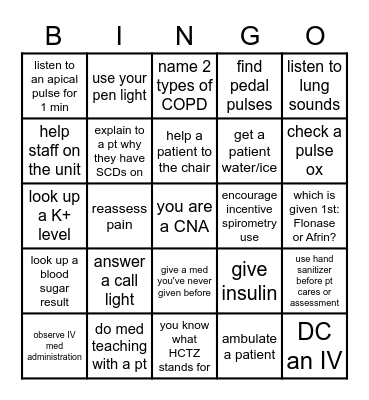 Clinical Bingo Card