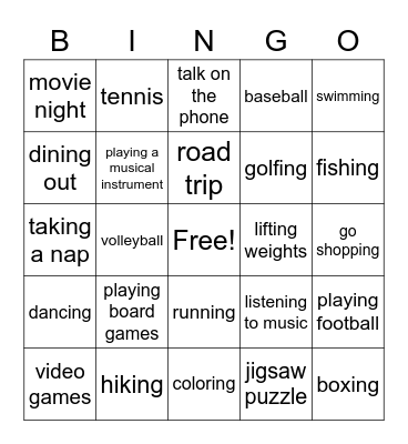 Leisure Activities Bingo Card