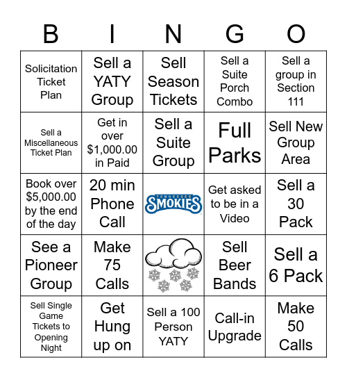 Tennessee Smokies Group Sales Bingo Card