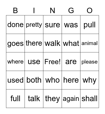 Trick Words Bingo Card