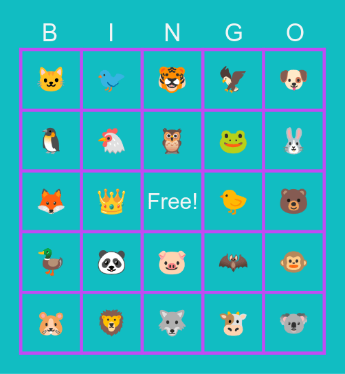 Animal Bingo Card