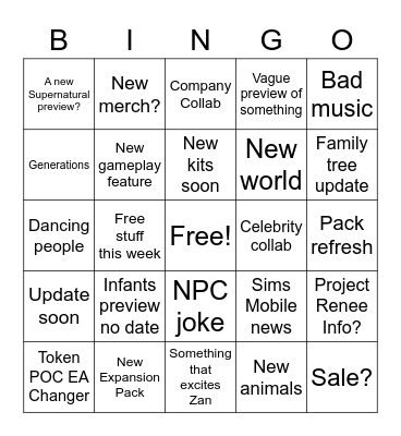 Behind The Sims Stream Bingo Card