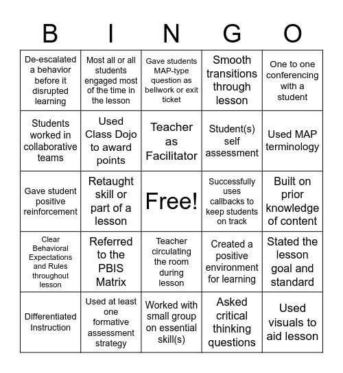 Peer Observation Bingo Card