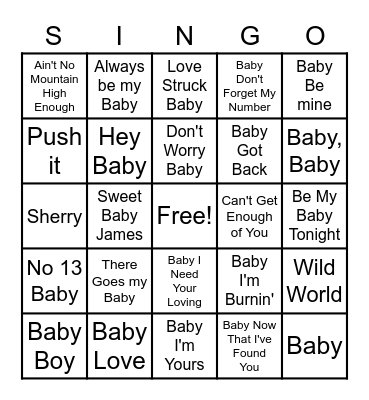 Songs with the Word Baby in Them Bingo Card