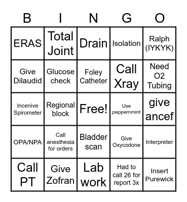 PACU BINGO Card