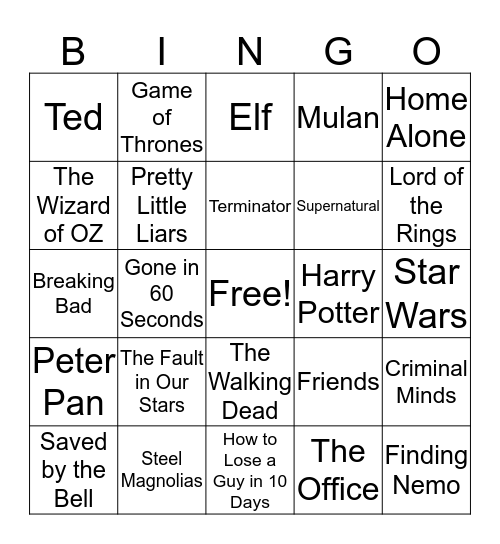 Movies and Television Bingo Card