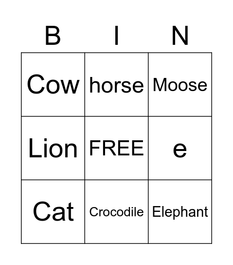 Animal Bingo Card