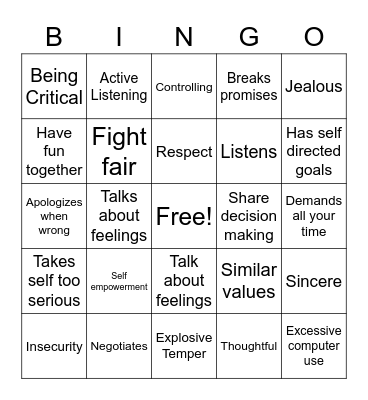 Teen Dating Violence Bingo Card