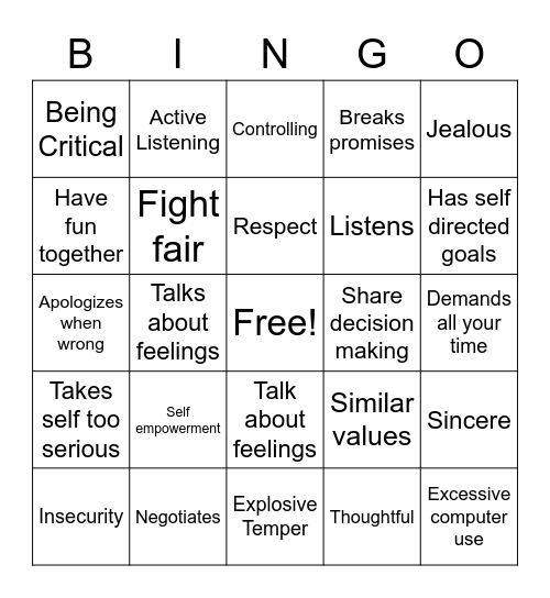 Teen Dating Violence Bingo Card