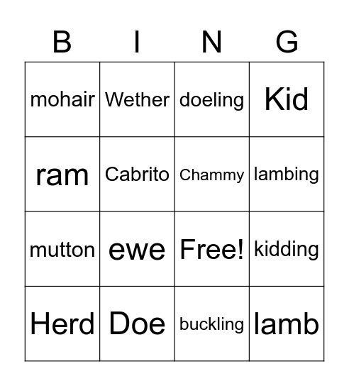 Sheep & Goat Terminology Bingo Card