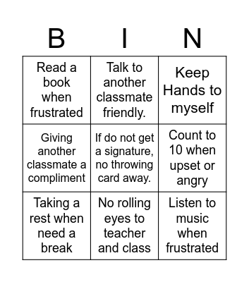 Coping skills and Behavior Bingo Card