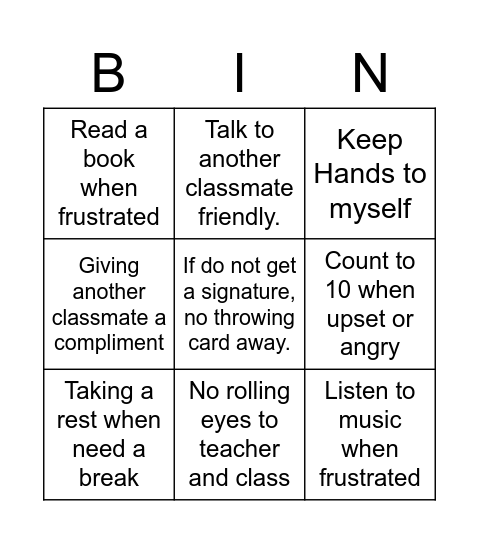 Coping skills and Behavior Bingo Card