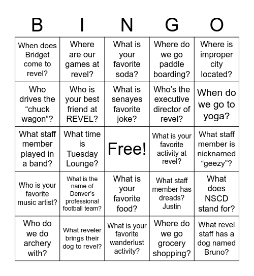 REVEL Bingo Card