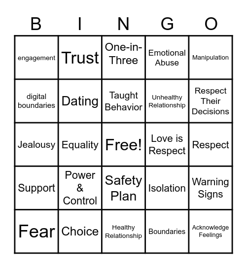 Teen Dating Violence Awareness Bingo Card