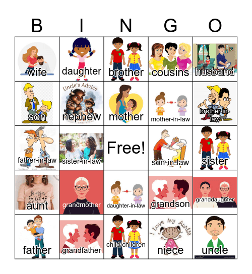 Family Members (words and images) Bingo Card