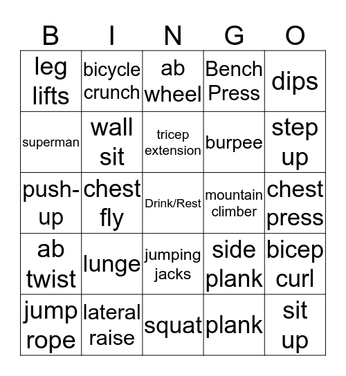 Weight Room Bingo Card